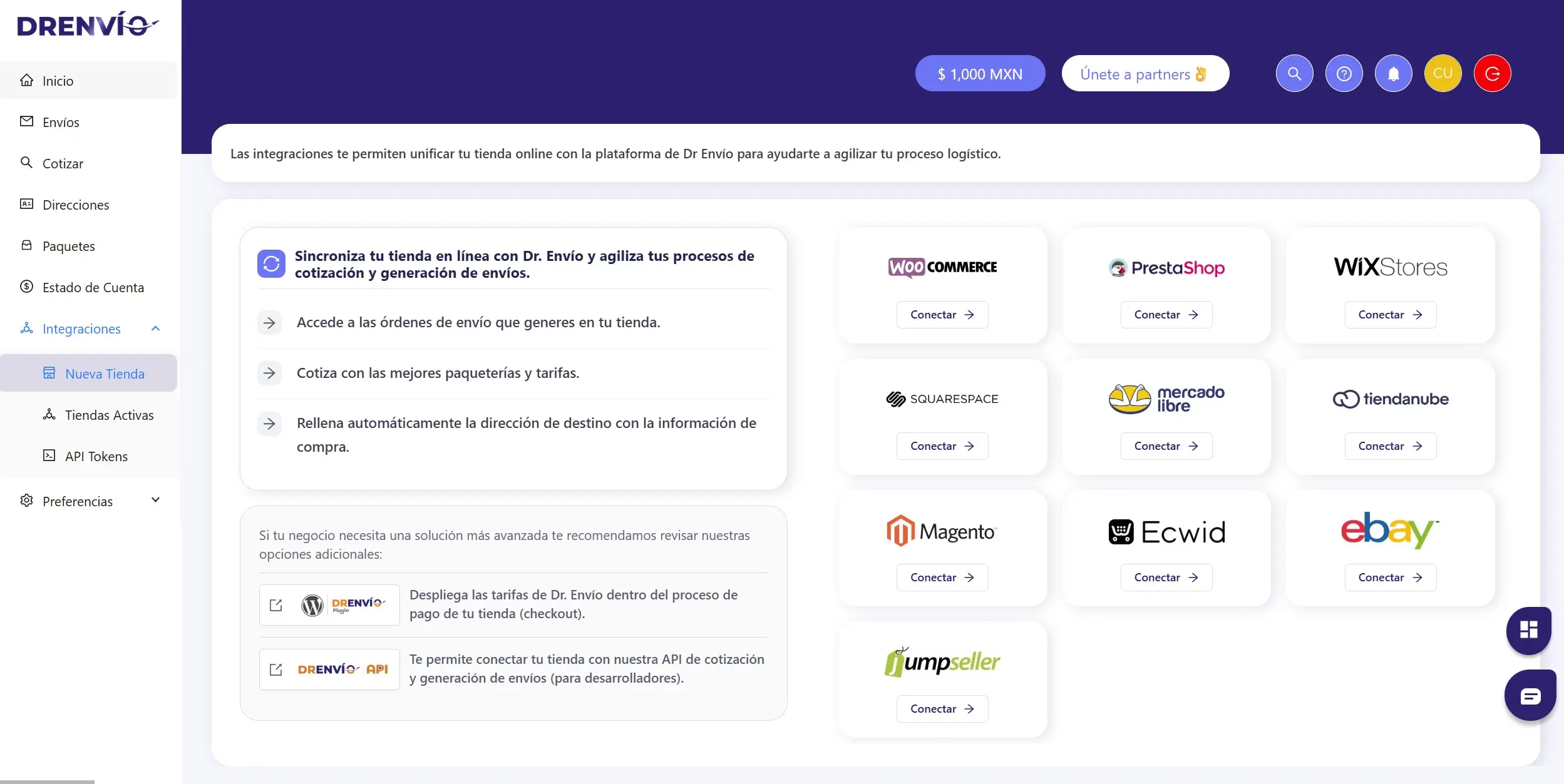 Pantalla de integraciones de DrEnvío
