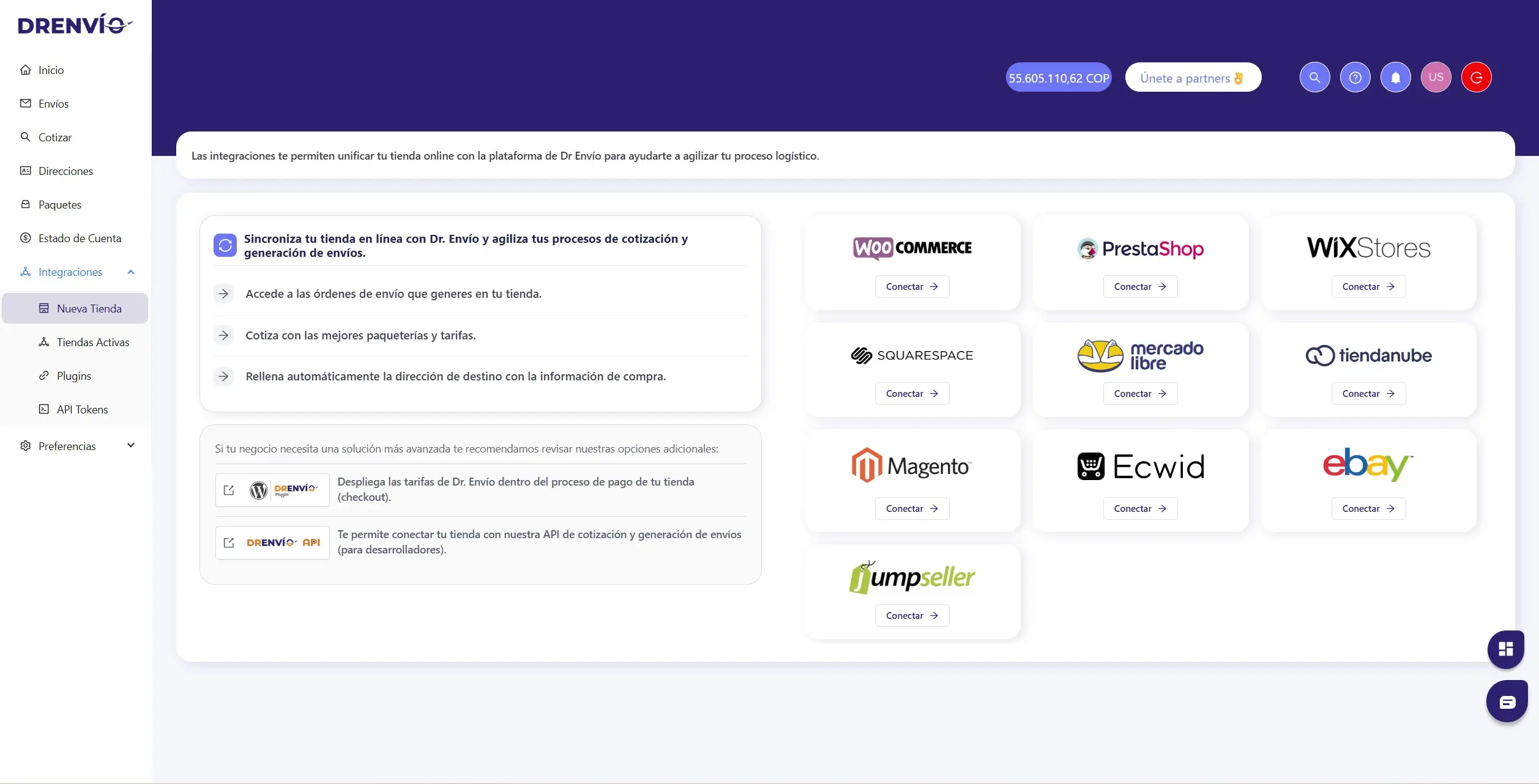 Pantalla de integraciones de DrEnvío Colombia