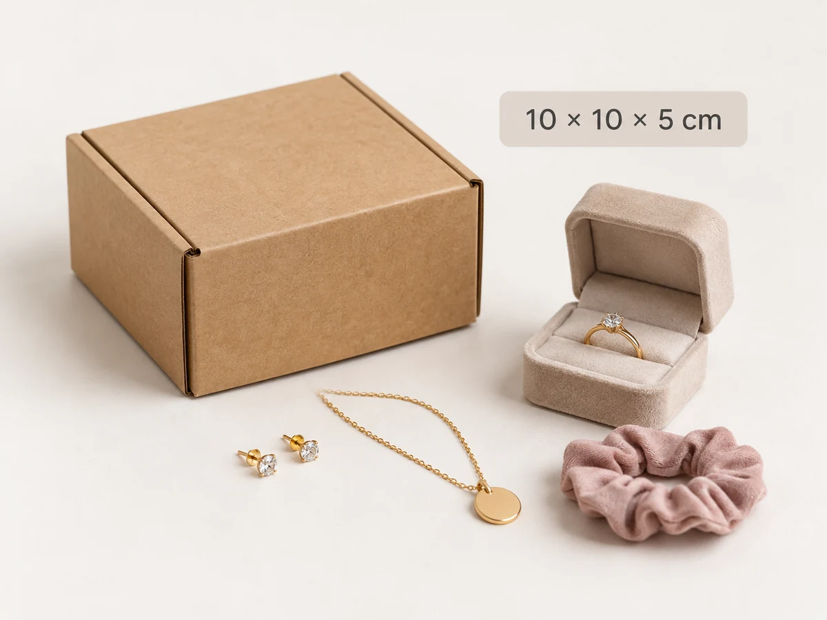 Caja de ejemplo para joyería y accesorios pequeños de 10 por 10 por 5 centímetros