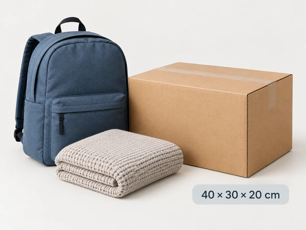 Caja de ejemplo para mochilas y artículos para el hogar de 40 por 30 por 20 centímetros