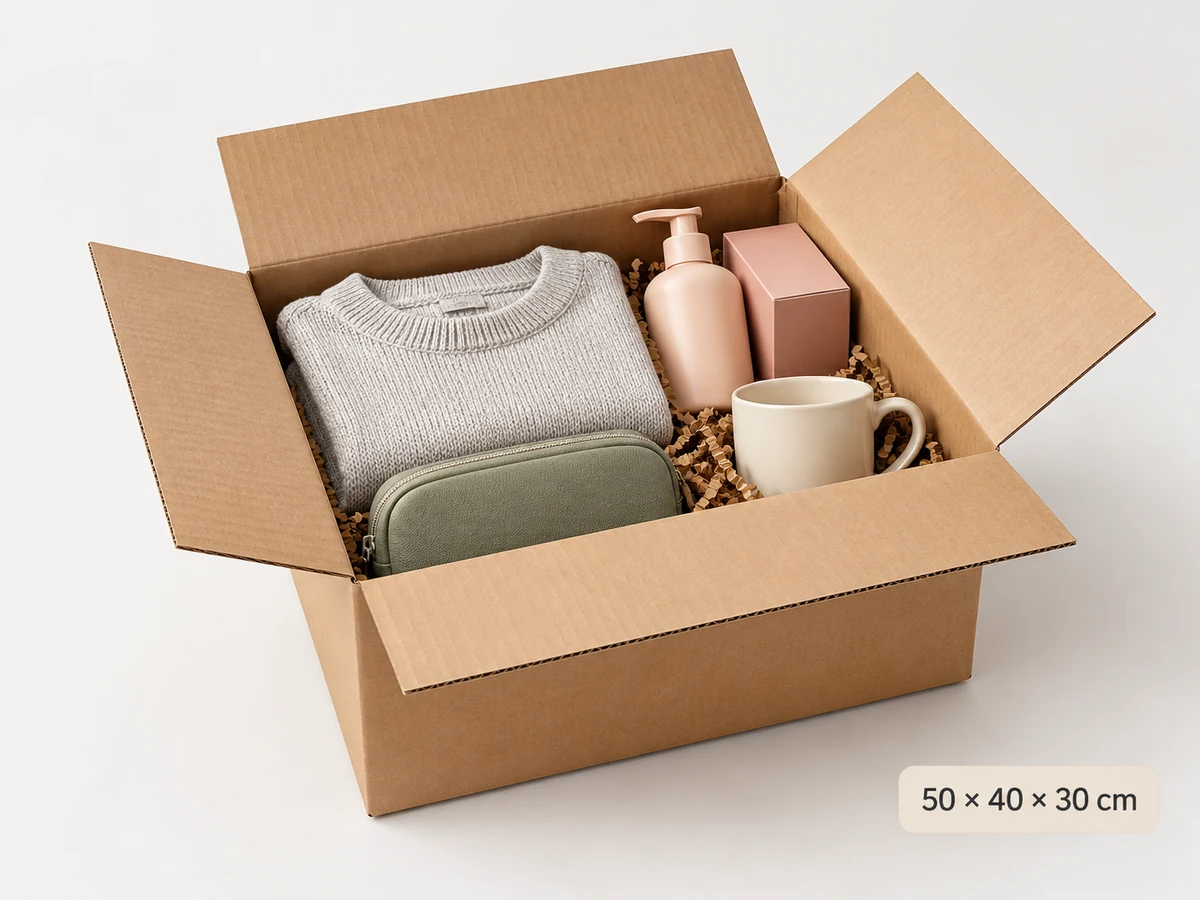 Caja de ejemplo para pedidos con varios productos de 50 por 40 por 30 centímetros
