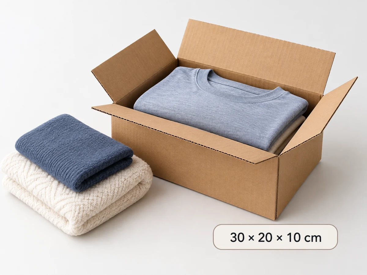 Caja de ejemplo para ropa doblada y textiles de 30 por 20 por 10 centímetros