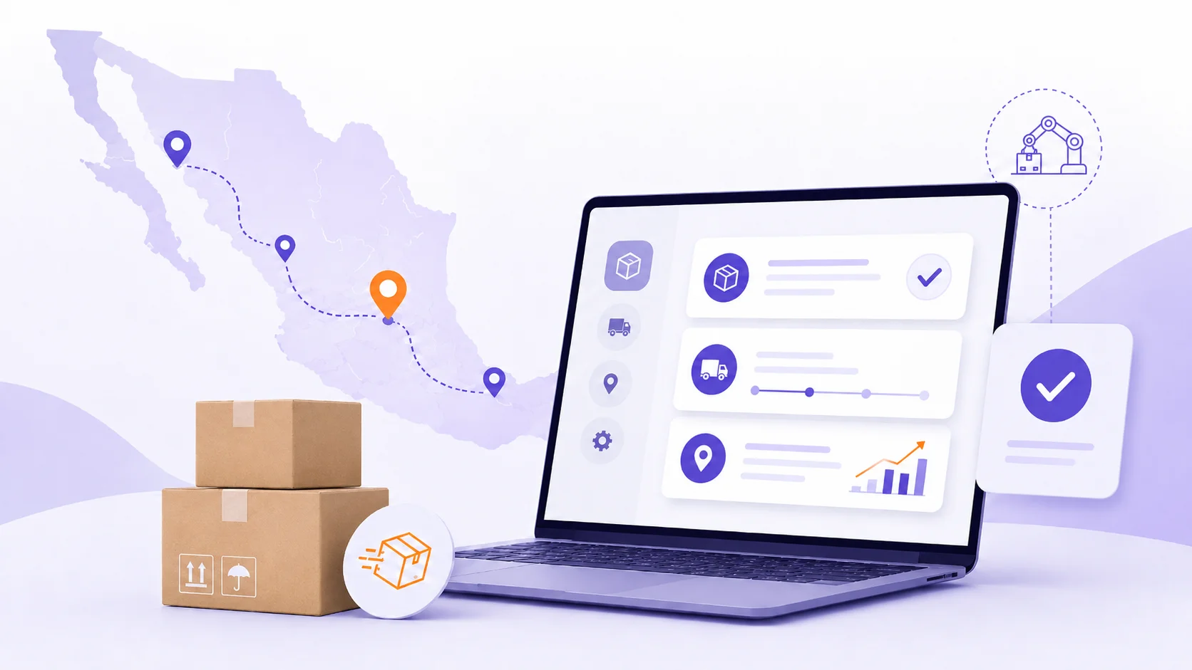 Ilustración de optimización logística para eCommerce en México con plataforma de envíos, paquetes y rutas de entrega