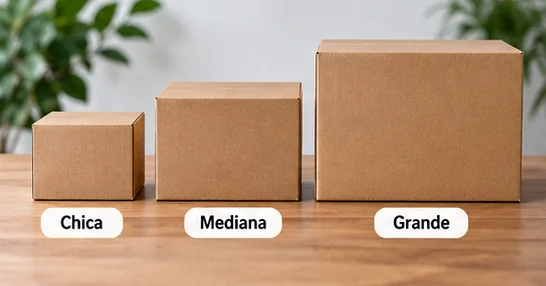 Comparación visual de cajas de cartón chicas medianas y grandes para envíos